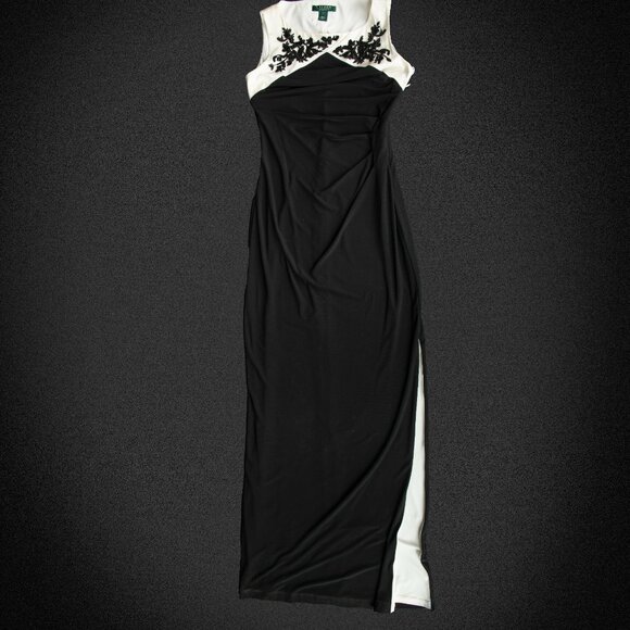 Lauren Ralph Lauren Evening Gown Black and White Embroidered Bodice 2 - Picture 7 of 13